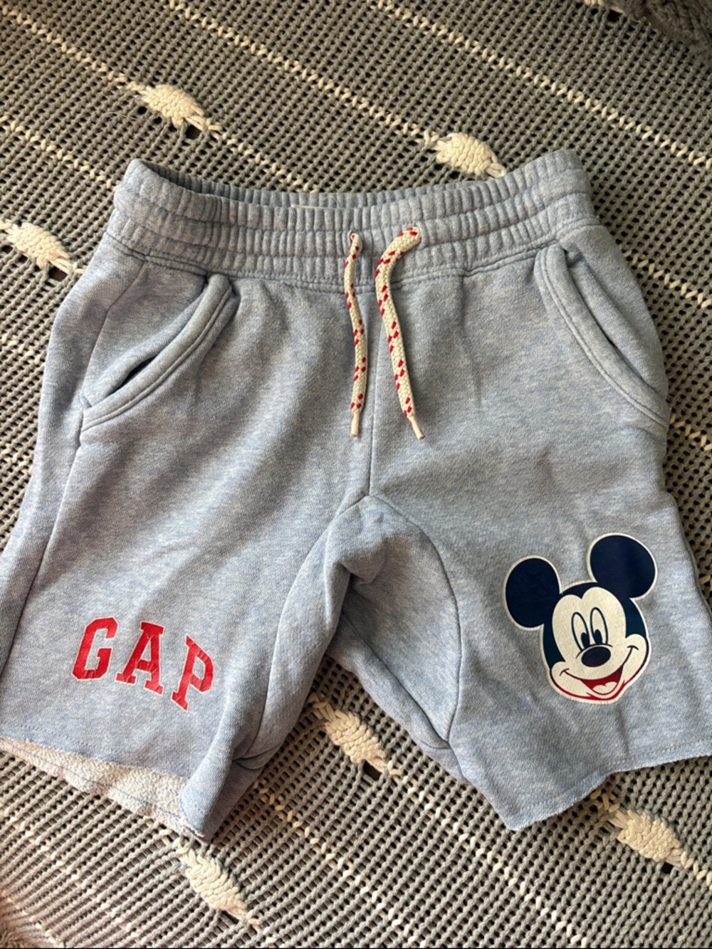 GAP Kids Light Gray Mickey Mouse Sweat Shorts with Red Logo